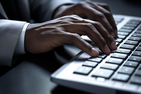 Generative AI : Close up hands of businessman wearing black suit typing wireless white keyboard Header of business asian guy write email on computer pc in manager executive or profの素材