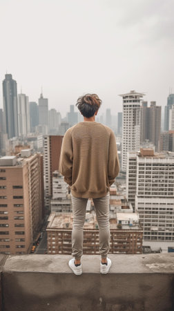 Generative AI : Depressed man is using mobile phone standing on the rooftop of the building and cityscape view Male is feeling sad and hopelessの素材