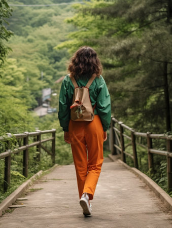Generative AI : Candid rear view of young single woman wearing stylish vintage boots walking away into pine forest alone Leaving to finding passion by going solo travel in vacationの素材