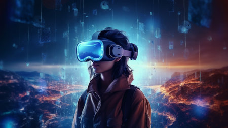 Generative AI : Double exposure woman wearing virtual reality goggles with motion city backgroundの素材