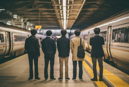 Generative AI : Group of asian and caucasian man traveler are pointing and looking out with train station background Travel in summer conceptの素材