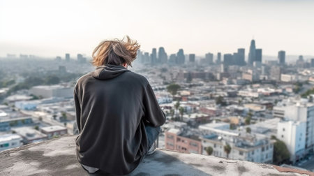 Generative AI : Depressed and anxiety man sitting on the top building in the city Man feeling lonely and hopeless Dramatic conceptの素材