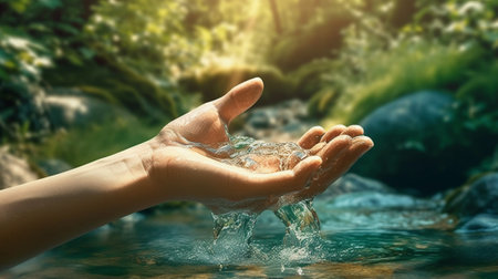 Generative AI : Mans hand holding the water element with green natural backgroundの素材