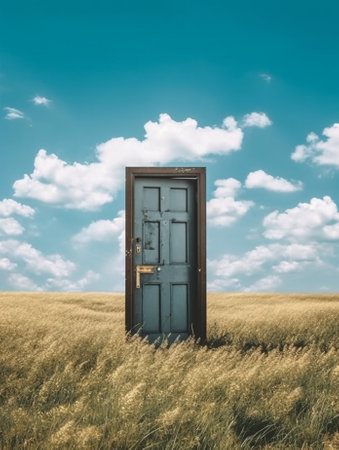 Generative AI : Open wood door to green field and blue sky Feeling freedom Successful New opportunityの素材
