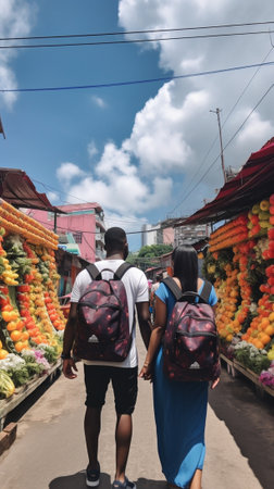 Generative AI : Multiethnic and Asian couple backpack travelers young tourist lover travel in city trip together in summer holiday walking at train station People in Asia tourism oの素材