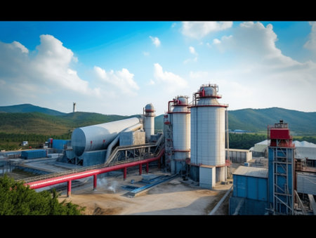 Generative AI : Grey Factory green mountain and blue sky backgroundの素材