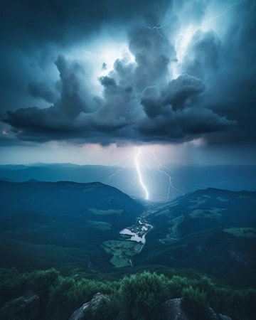 Generative AI : Lightning storm over mountain Thunderstorm in dramatic nightの素材