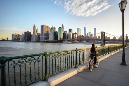 Generative AI : New York City USA APR 1st2019 Cycling promenade over Brooklyn Bridge with sun ray or sun light and flare blue sky at New York City United Stateの素材
