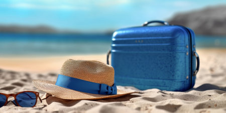 Generative AI : Suitcase Tropical hat Photo camera Ukulele sandals and sunglasses on sand at the beach with travel woman and blue sky Summer holiday and traveling conceptの素材