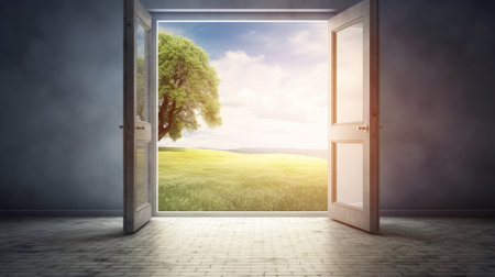 Generative AI : Open wood door to green field and blue sky Feeling freedom Successful New opportunityの素材