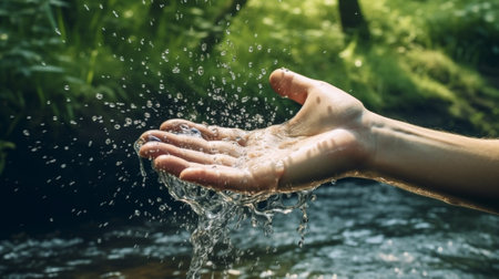 Generative AI : Mans hand holding the water element with green natural backgroundの素材