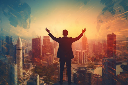 Generative AI : Silhouette of freedom man on top of building with sunset and city background Cheerful successful and freedom conceptの素材