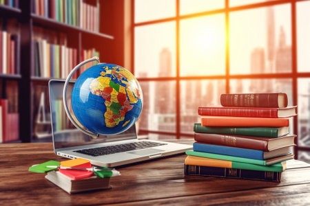 Generative AI : Open book on the wood and world map over the book with connection digital network with blurred city backgroundの素材