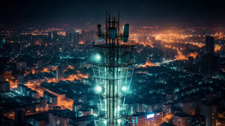 Generative AI : Telecommunication Radio Antenna and Satellite Tower in evening skyの素材