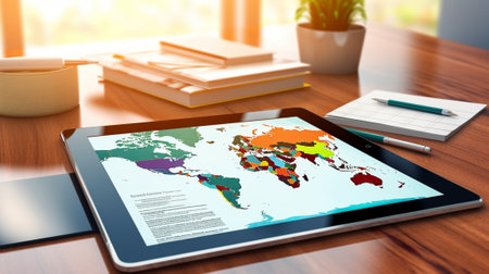 Generative AI : Open book on the wood and world map over the book with connection digital network with blurred city backgroundの素材