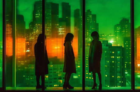 Generative AI : Silhouette three businesswoman casual style standing talking meeting discussion and using laptop at office high building in the city with light eveningの素材