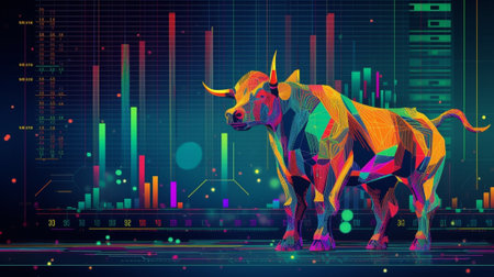 Generative AI : Stock exchange market bulls metaphor Growing rising up stock price Trading business concept Modern fat style vector illustration Online marketの素材