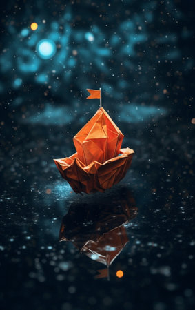 Generative AI : Red and green paper boat on blue sea and the moon on night sky with paper art styleの素材