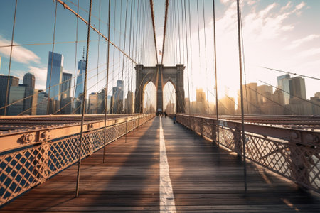 Generative AI : New York City USA APR 1st2019 Cycling promenade over Brooklyn Bridge with sun ray or sun light and flare blue sky at New York City United Stateの素材