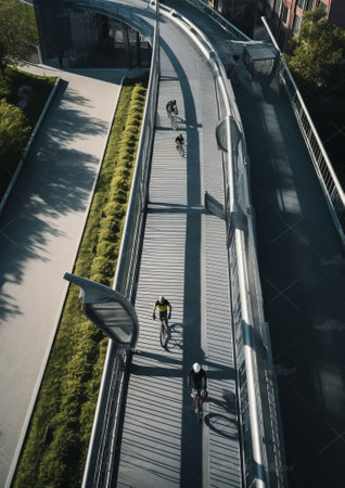 Generative AI : New York City USA APR 1st2019 Cycling promenade over Brooklyn Bridge with sun ray or sun light and flare blue sky at New York City United Stateの素材