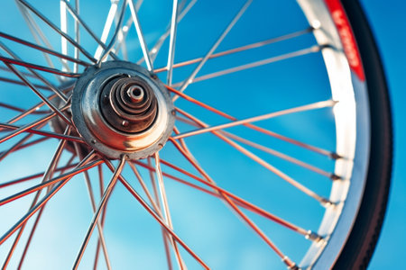 Generative AI : Rear bicycles wheel with road backgroundの素材