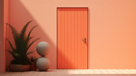 Generative AI : Spotlight on the orange wall and close white door for background Have copy space for fill text or add objectの素材