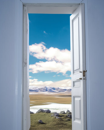 Generative AI : The white door reflect the sky on glassesの素材