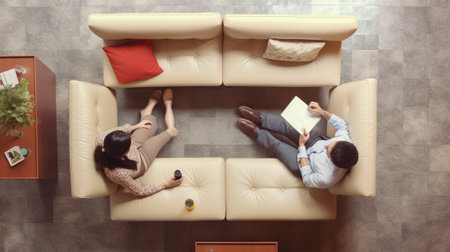 Generative AI : Two asian Business Colleagues Sitting at sofa Talking informal discussion at coffee break zone Top viewの素材