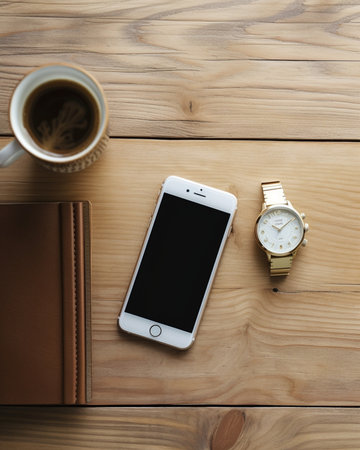 Generative AI : Woman using smartphone on wooden table Top viewの素材