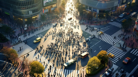 Generative AI : TOKYO JAPAN November 052019 The High angle view of Tokyo city from Shibuya Scramble Square building Shibuya scramble crossing cityscape landscape car traffic transpの素材