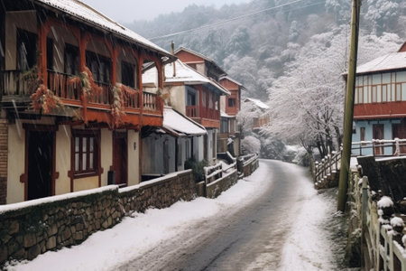 Generative AI : YAMAGATA JAPAN DEC 152018 Road way or street in yamadera village yamadera temple with snow or winter season Unseen in japan of countryside with Japanese house and nの素材