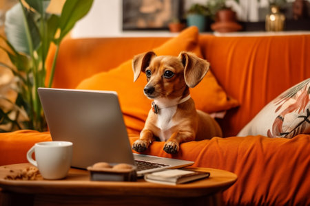 Generative AI : Young asia single woman remote work at home office sofa couch workspace hug kiss cute little chihuahua dog Pet as child millennial lifestyle Small animal puppy streの素材