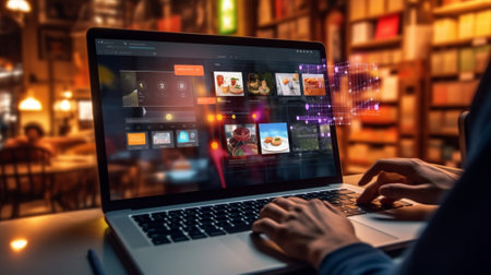 Generative AI : Woman using laptop payments online shopping and icon customer network connection on screen mbanking and connecting with omni channel vendor Internet of thing Multicの素材