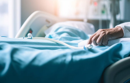 Generative AI : A patients hand in the hospital with saline intravenousの素材