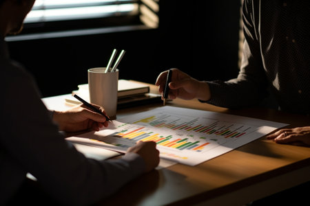 Generative AI : Asia stock trader agent or Sale tax loan broker advice brief and point hand to graph report talk to client at office desk show budget chart data or legal result onの素材