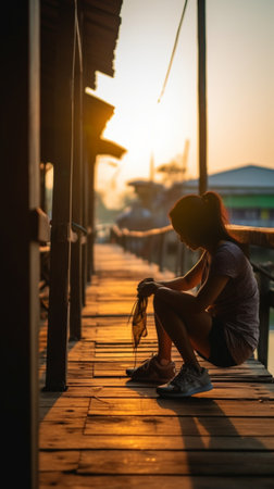Generative AI : Asia people woman enjoy sit calm day dream on cozy chair at river pier hand behind head Wide view of cloud dawn dusk sky solo budget staycation getaway at glampingの素材