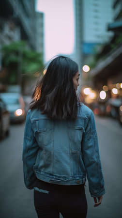 Generative AI : Back view asian woman wear fleece jacket standing at market night street Feeling alone and confuseの素材