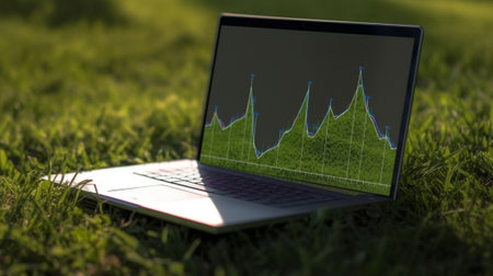 Generative AI : Asian adult modern agriculture technology concept of smart farmer smile usinghold laptop to monitormanage report on green rice field background with copy spaceInterの素材