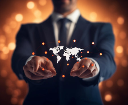Generative AI : Business man in back marking point on digital world map for target and planning for investment or making business target Cyber digital business conceptの素材