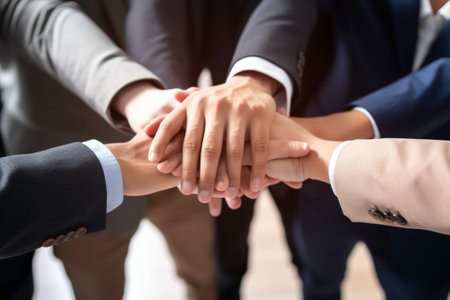 Generative AI : Close up hands asian group professional colleagues join hands together at modern office workplace Team professional start meeting and brainstormの素材