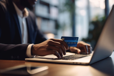 Generative AI : Asian or Hispanic man using Laptop and credit card payment shopping online with icon customer network connection on screen and connecting with omni channel system Oの素材