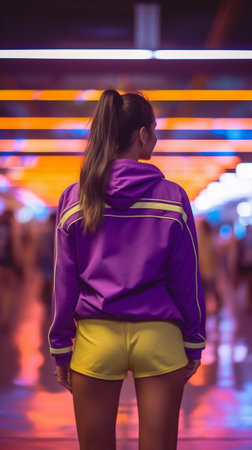 Generative AI : Back view asian woman wear fleece jacket standing at market night street Feeling alone and confuseの素材