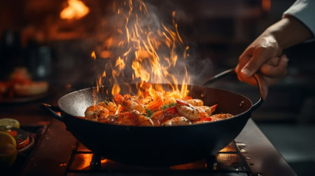 Generative AI : Chef cooking food by holding two turner in hands stir and fry Panfried crispy mussel and seafood in thailands street food market Unhealthy food or dirty conceptの素材