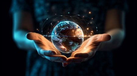 Generative AI : Close up hands woman over digital planet global connection with communication network application icon internet of things IoT and Digital era Marketing 40の素材