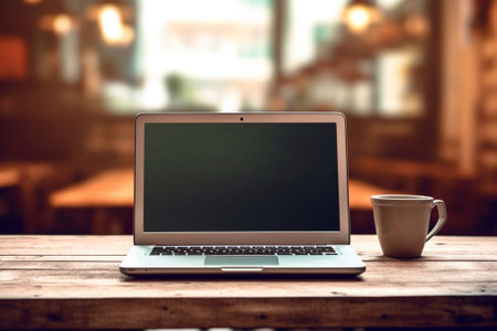 Generative AI : Blurred laptop and note on wooden deskの素材