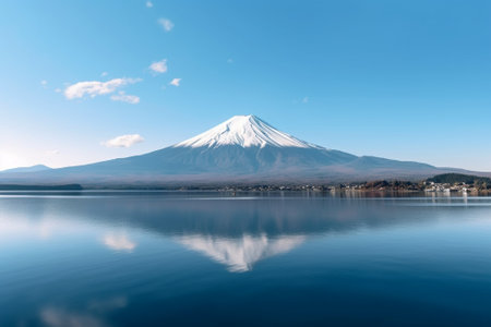 Generative AI : Close up top of beautiful fuji mountain with snow cover on the top and blue cleared sky in morning kawaguchiko lake yamanashi japan in asia Famous landmark of japanの素材