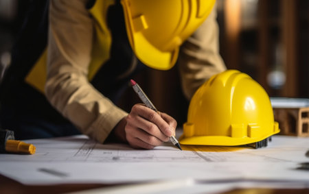 Generative AI : Hands engineer worker holding yellow safety helmet with building on site backgroundの素材