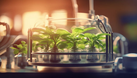 Generative AI : Orchids tissue culture seedlings in glasses jars in laboratory room Smart farm agriculture industry and biotechnology concept Growing seeds or sprouts plant by germの素材
