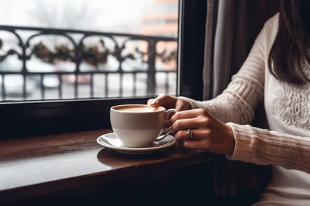 Generative AI : Hands woman hold coffee cup on the table at coffee shop cafeの素材