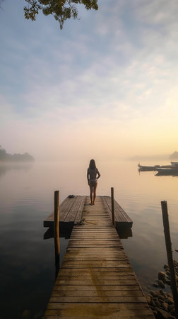 Generative AI : Leg and hiking boot rear view asia serene people solo female enjoy budget trip look outside staycation escape life get away to beauty silence river wild and fog onの素材